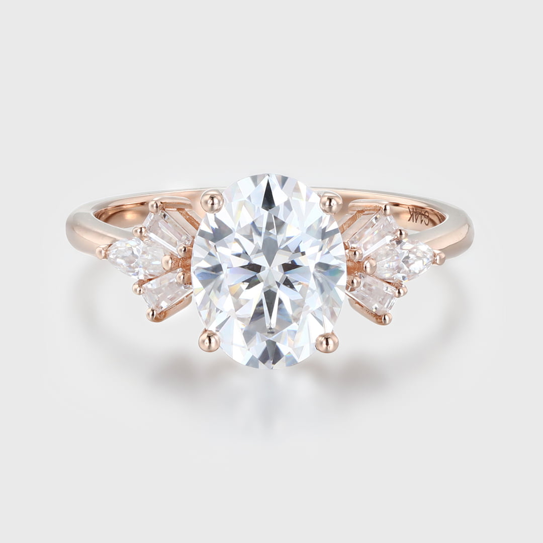 2 Carat Oval Moissanite Side Stones Engagement Ring in14K Rose Gold