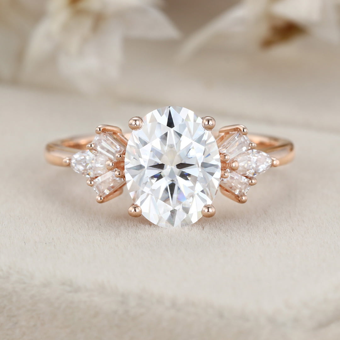 2 Carat Oval Moissanite Side Stones Engagement Ring In 14K Rose Gold
