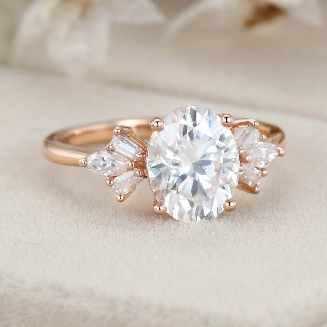 2 Carat Oval Moissanite Side Stones Engagement Ring In 14K Rose Gold