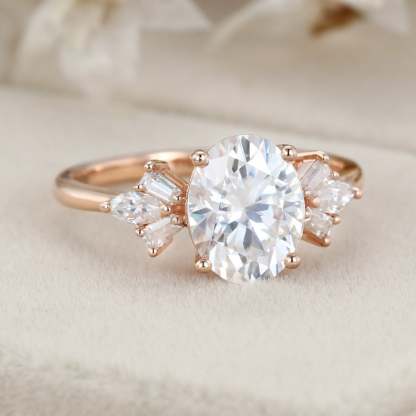 2 Carat Oval Moissanite Side Stones Engagement Ring In 14K Rose Gold