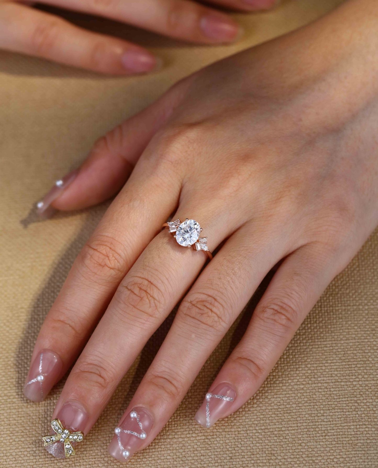 2 Carat Oval Moissanite Side Stones Engagement Ring In 14K Rose Gold