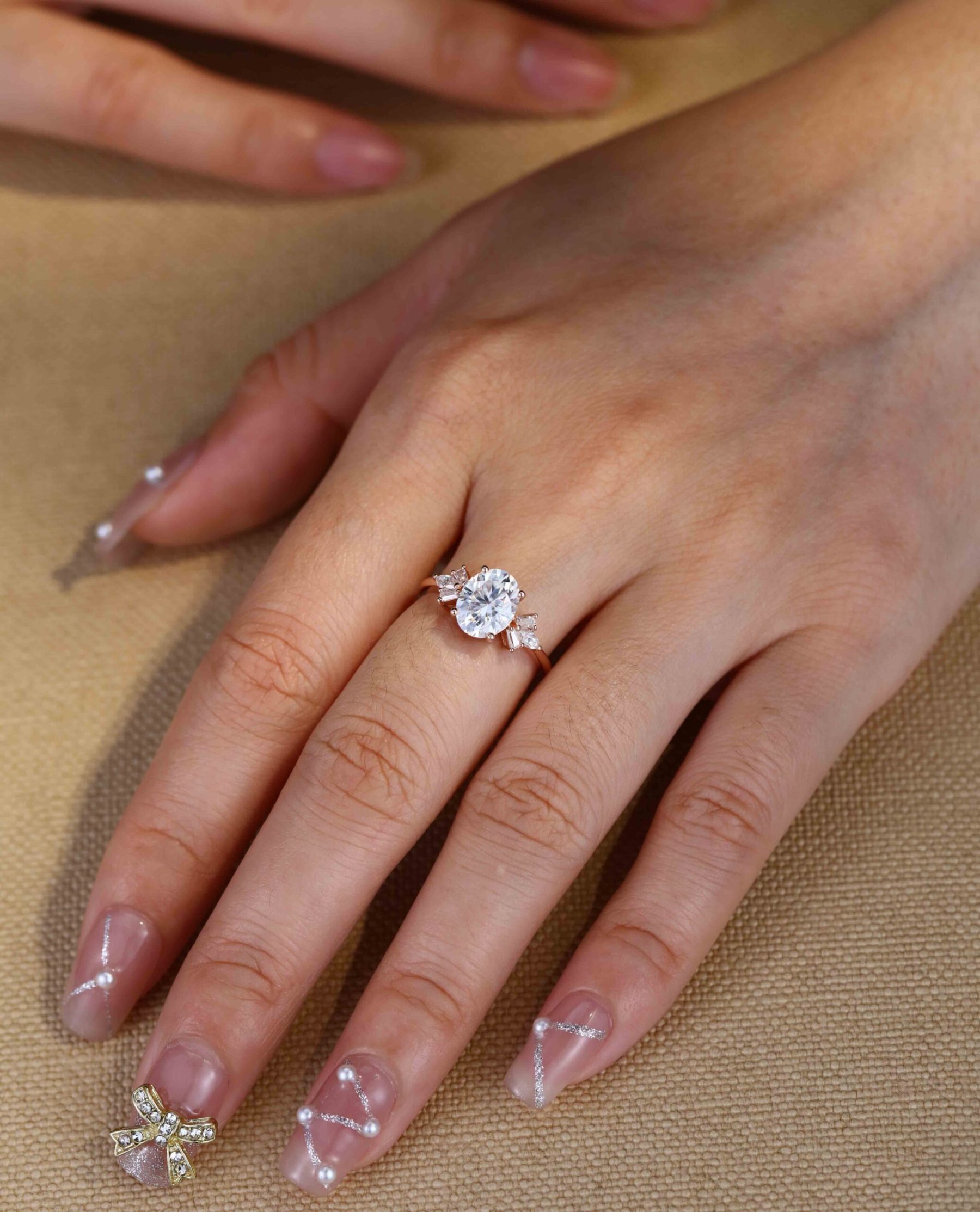 2 Carat Oval Moissanite Side Stones Engagement Ring In 14K Rose Gold