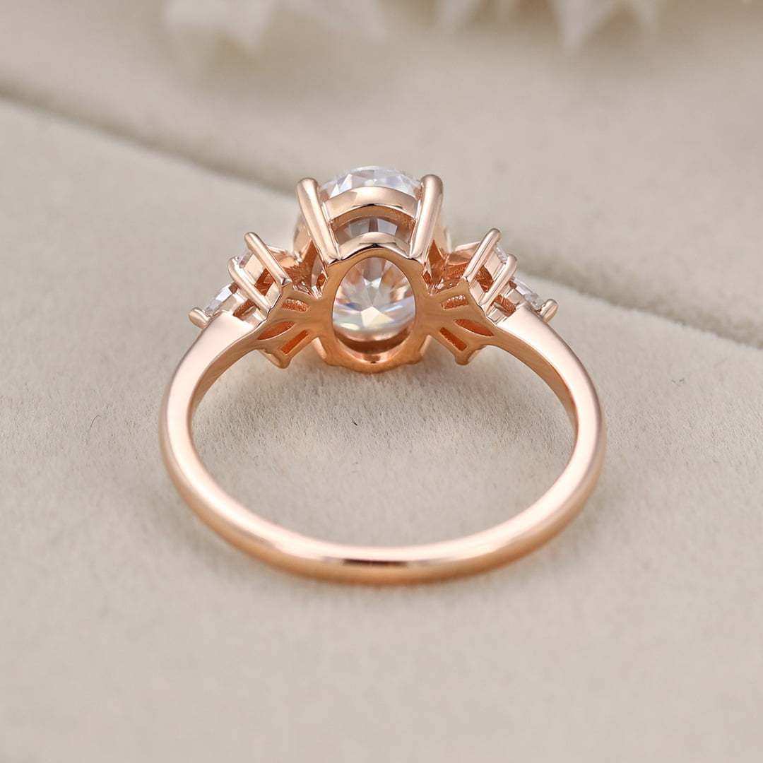 2 Carat Oval Moissanite Side Stones Engagement Ring In 14K Rose Gold