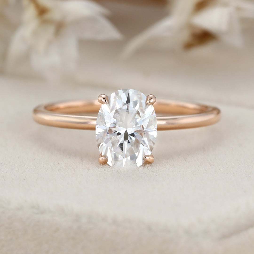 Simple 8x6mm 1.5 Carat Oval Moissanite Ring In 14K Rose Gold