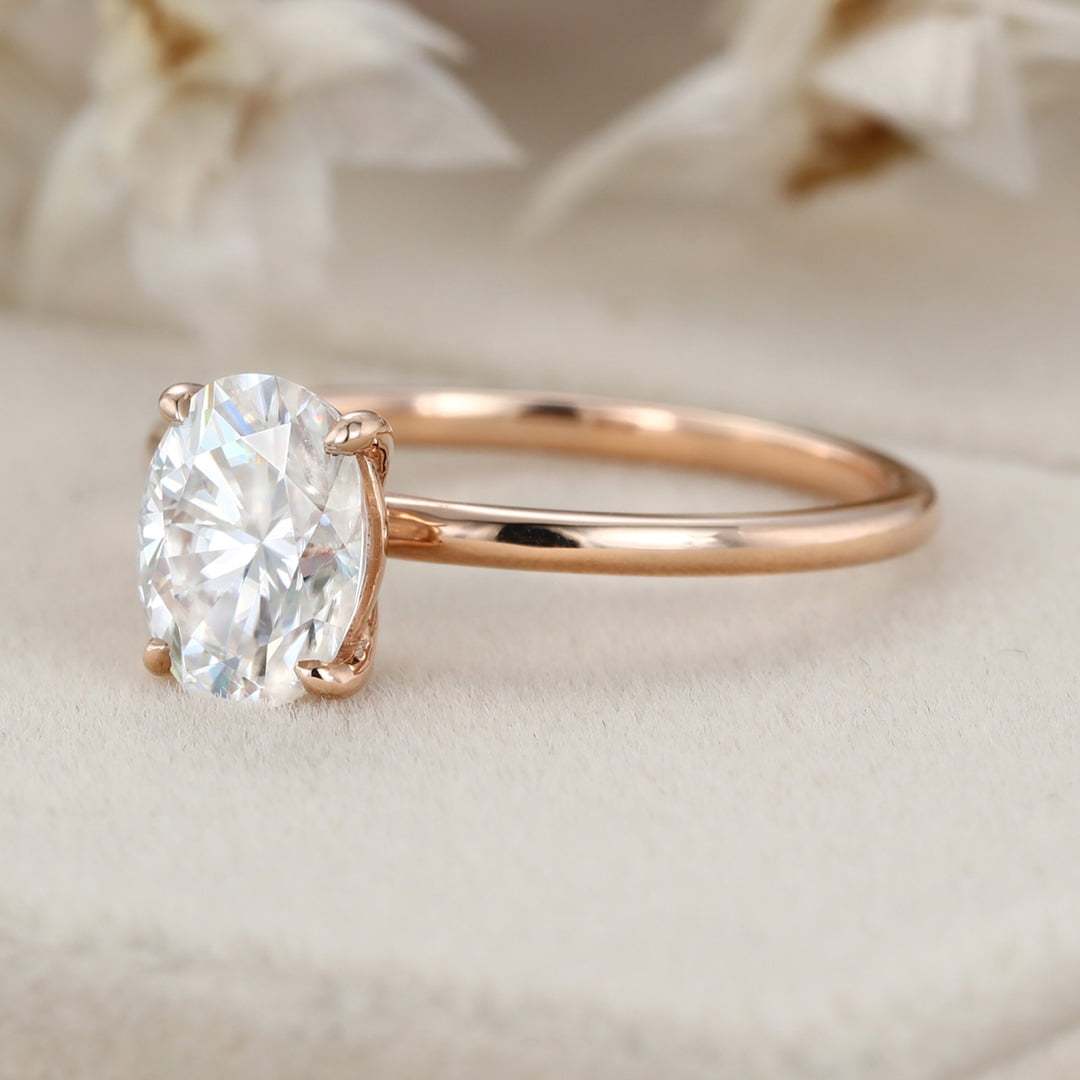 Simple 8x6mm 1.5 Carat Oval Moissanite Ring In 14K Rose Gold