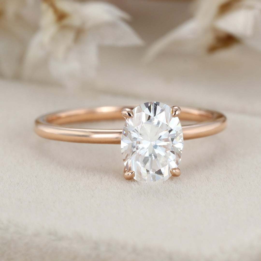 Simple 8x6mm 1.5 Carat Oval Moissanite Ring In 14K Rose Gold
