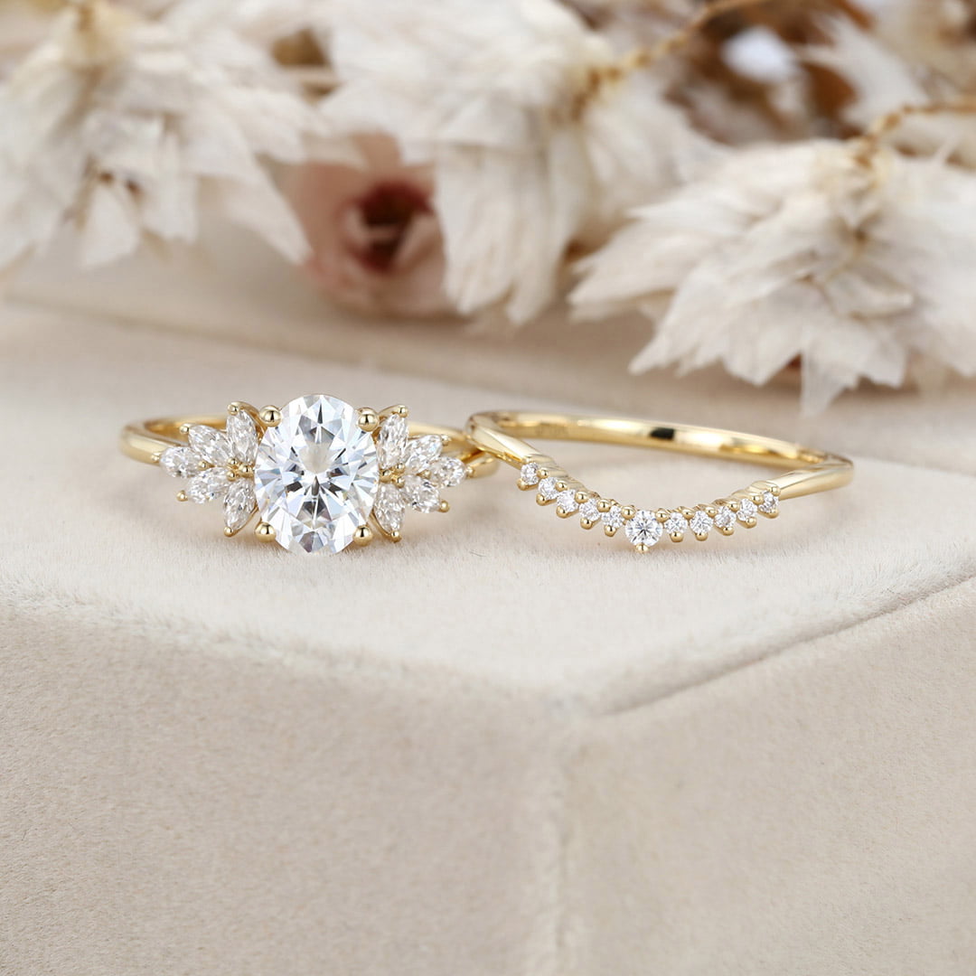 Oval Moissanite engagement ring set vintage 14K Yellow gold marquise Cluster engagement ring Diamond wedding Bridal Promise gift for women