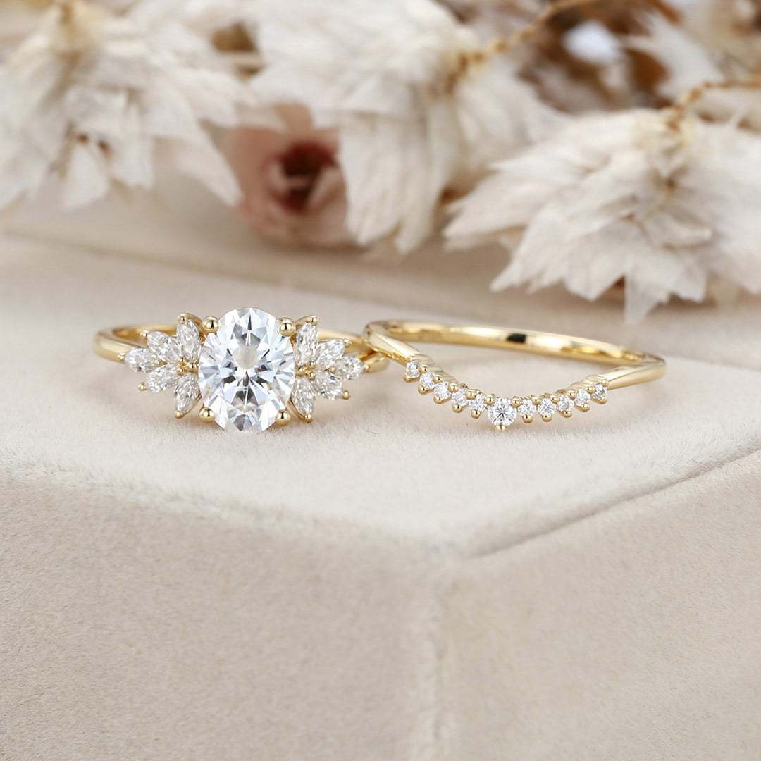 Oval Moissanite engagement ring set vintage 14K Yellow gold marquise Cluster engagement ring Diamond wedding Bridal Promise gift for women