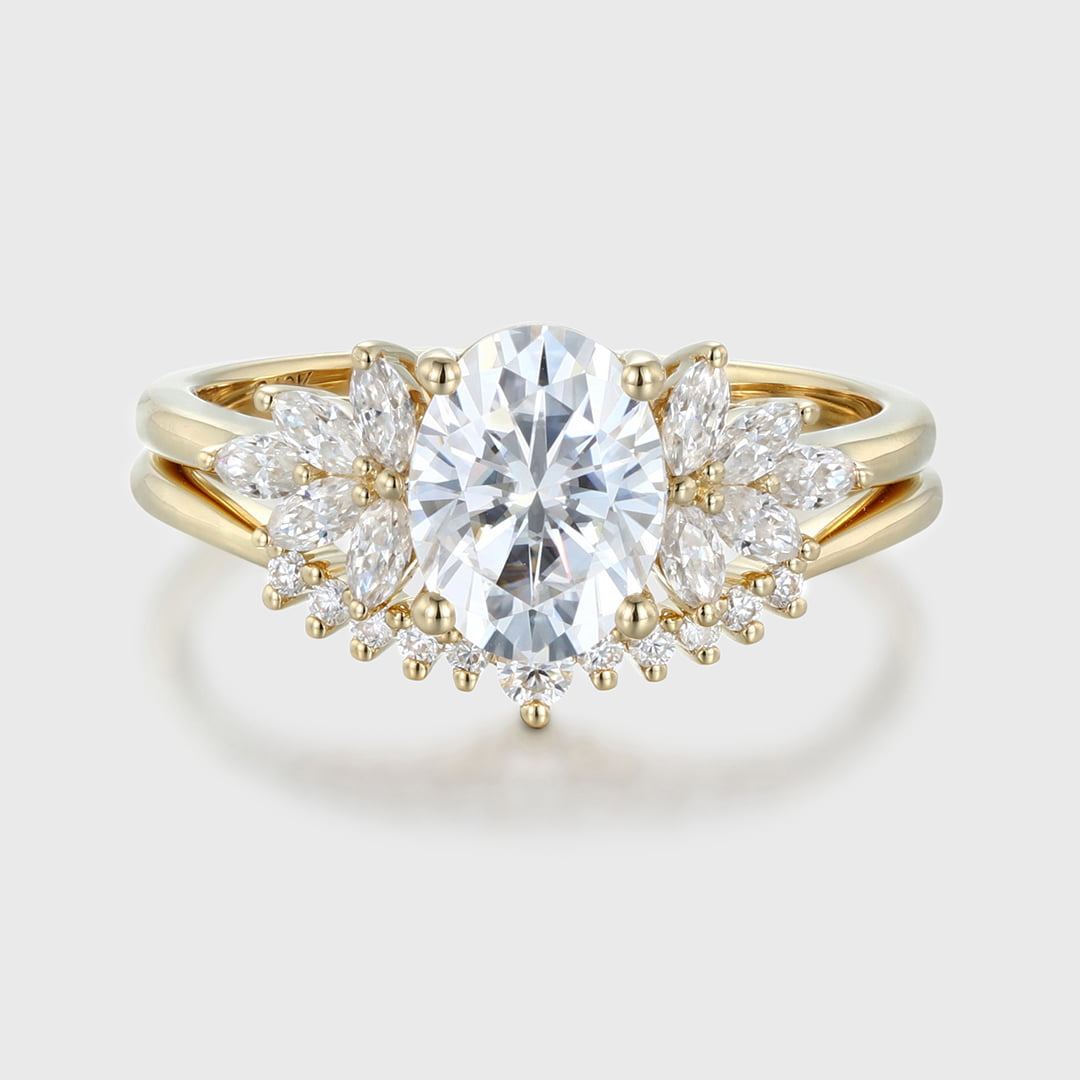 Oval Moissanite engagement ring set vintage 14K Yellow gold marquise Cluster engagement ring Diamond wedding Bridal Promise gift for women