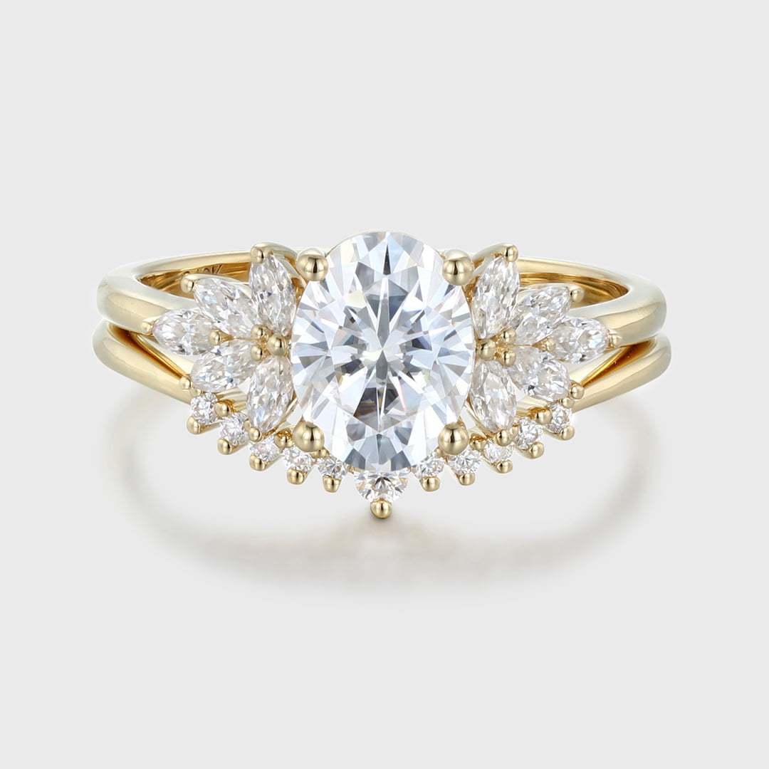 Oval Moissanite engagement ring set vintage 14K Yellow gold marquise Cluster engagement ring Diamond wedding Bridal Promise gift for women