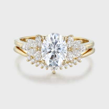 Oval Moissanite engagement ring set vintage 14K Yellow gold marquise Cluster engagement ring Diamond wedding Bridal Promise gift for women