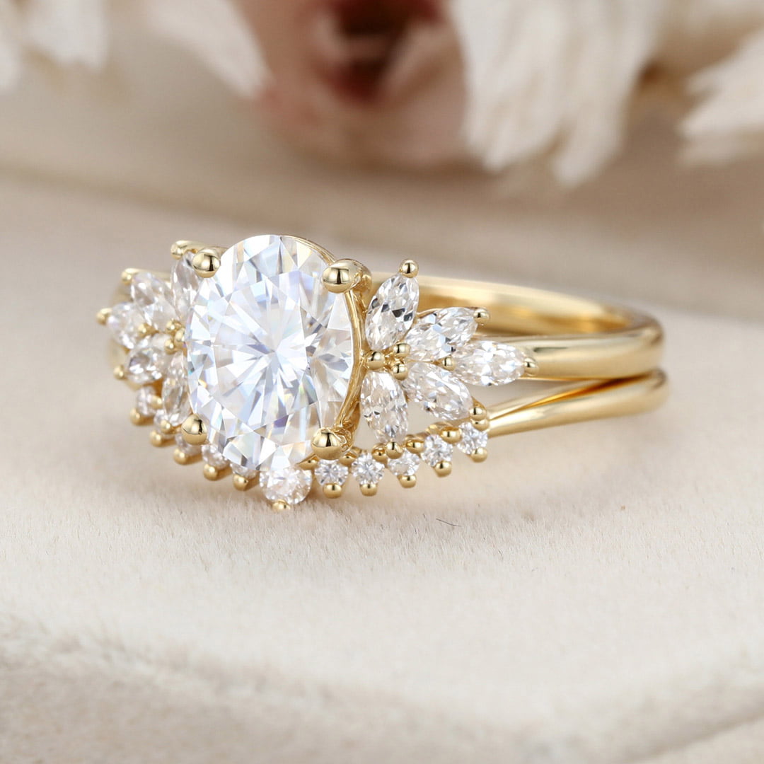Oval Moissanite engagement ring set vintage 14K Yellow gold marquise Cluster engagement ring Diamond wedding Bridal Promise gift for women