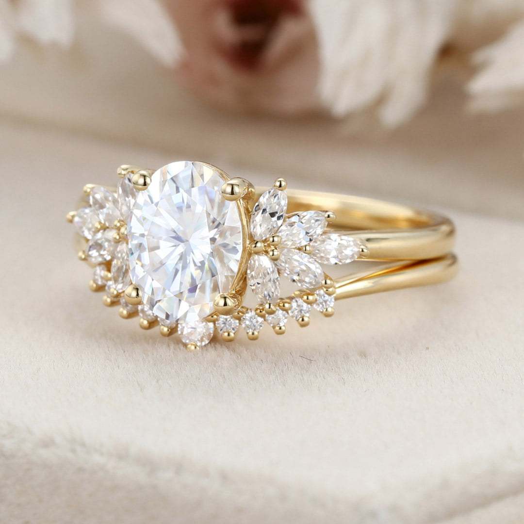 Oval Moissanite engagement ring set vintage 14K Yellow gold marquise Cluster engagement ring Diamond wedding Bridal Promise gift for women
