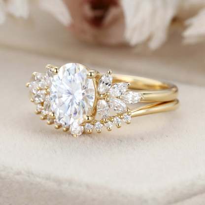 Oval Moissanite engagement ring set vintage 14K Yellow gold marquise Cluster engagement ring Diamond wedding Bridal Promise gift for women