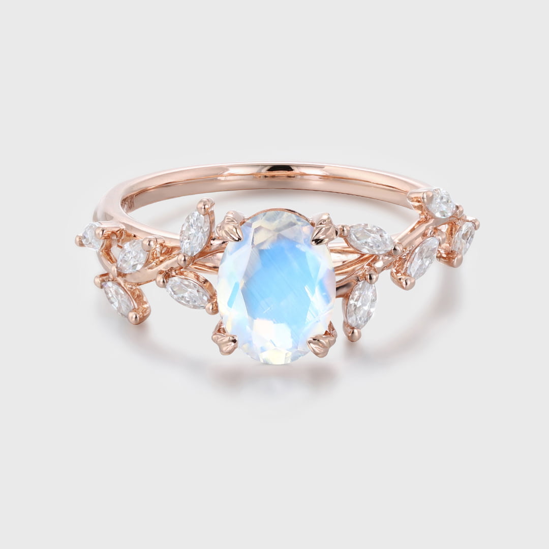 Oval Moonstone Engagement Ring Branch Marquise Diamond Cluster Handcrafted 14K Rose Gold Ring