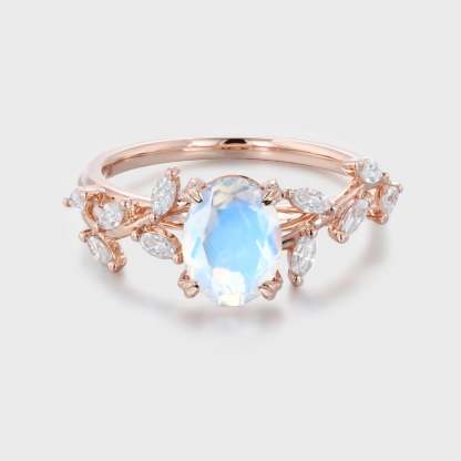 Oval Moonstone Engagement Ring Branch Marquise Diamond Cluster Handcrafted 14K Rose Gold Ring