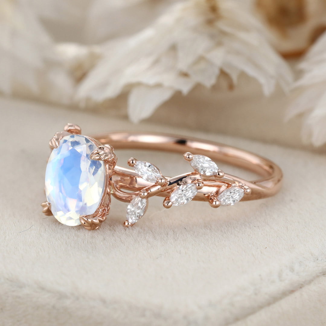 Oval Moonstone Engagement Ring Branch Marquise Diamond Cluster Handcrafted 14K Rose Gold Ring