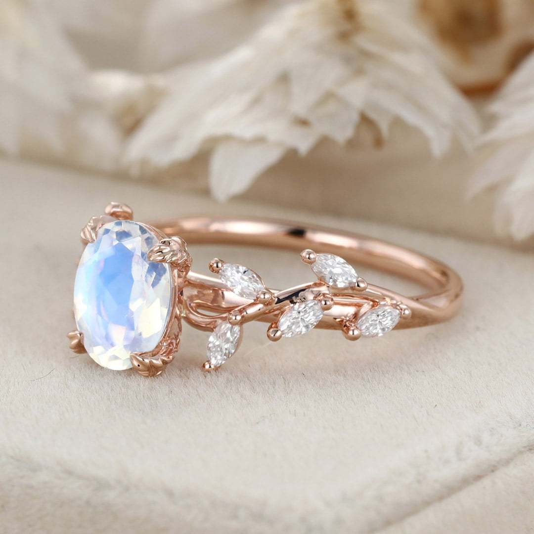 Oval Moonstone Engagement Ring Branch Marquise Diamond Cluster Handcrafted 14K Rose Gold Ring