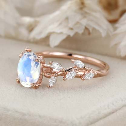 Oval Moonstone Engagement Ring Branch Marquise Diamond Cluster Handcrafted 14K Rose Gold Ring