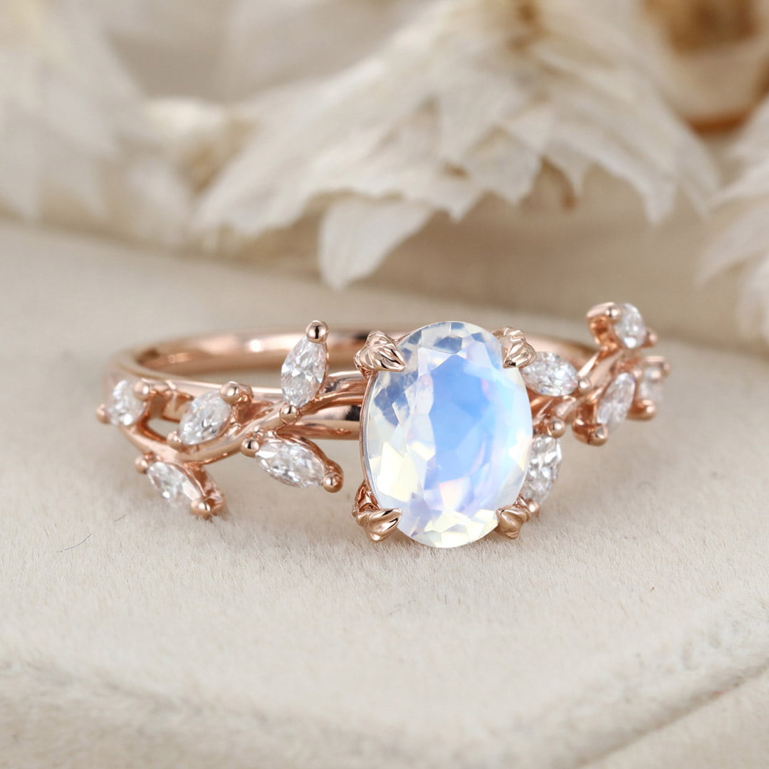 Oval Moonstone Engagement Ring Branch Marquise Diamond Cluster Handcrafted 14K Rose Gold Ring