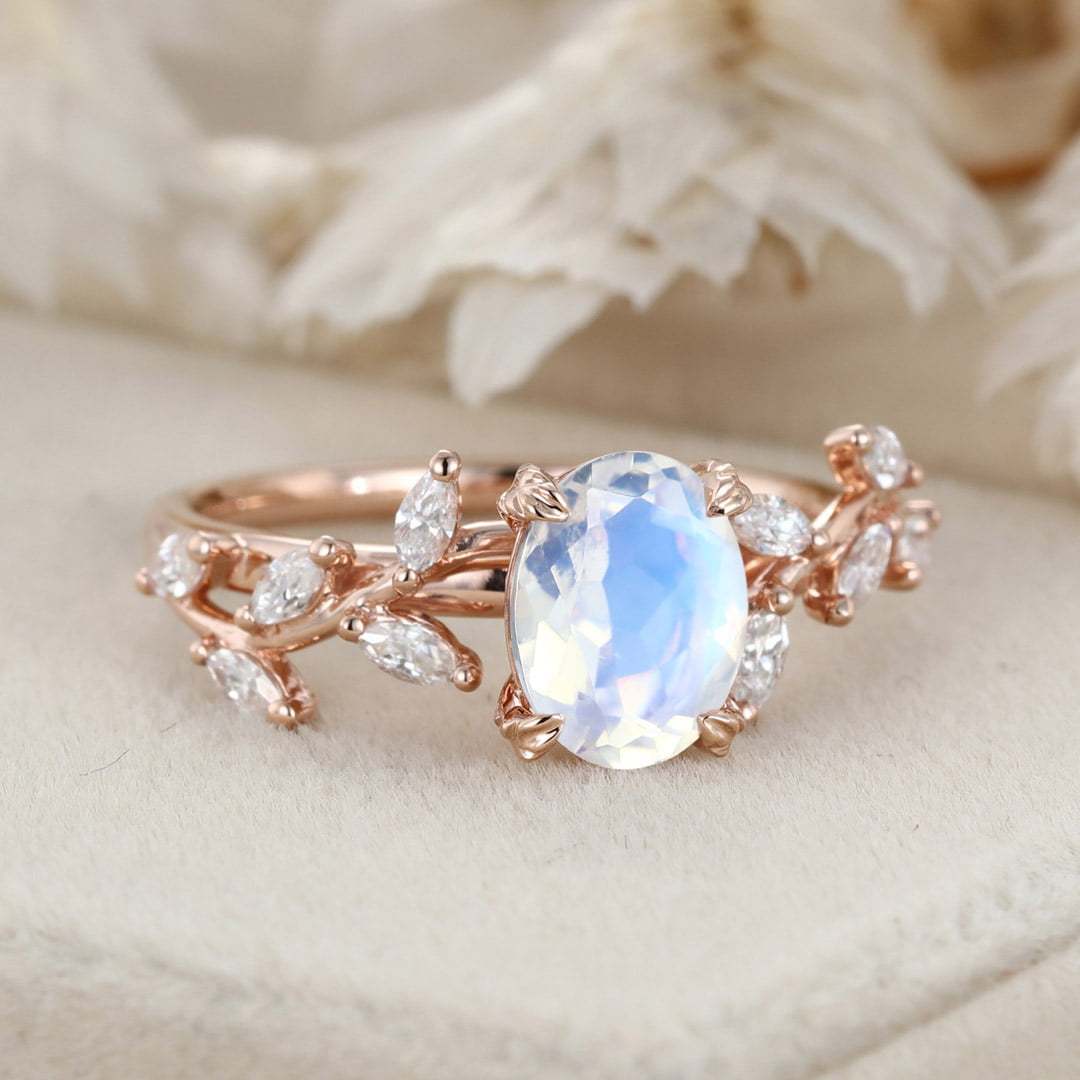 Oval Moonstone Engagement Ring Branch Marquise Diamond Cluster Handcrafted 14K Rose Gold Ring