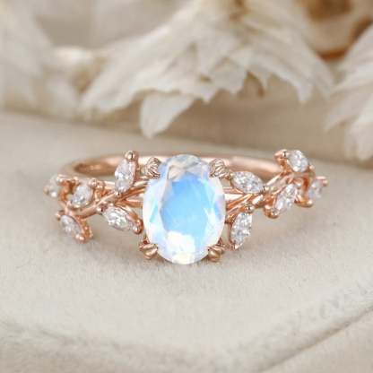Oval Moonstone Engagement Ring Branch Marquise Diamond Cluster Handcrafted 14K Rose Gold Ring