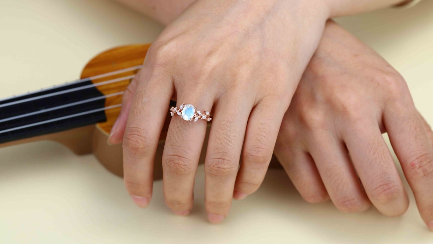 Oval Moonstone Engagement Ring Branch Marquise Diamond Cluster Handcrafted 14K Rose Gold Ring