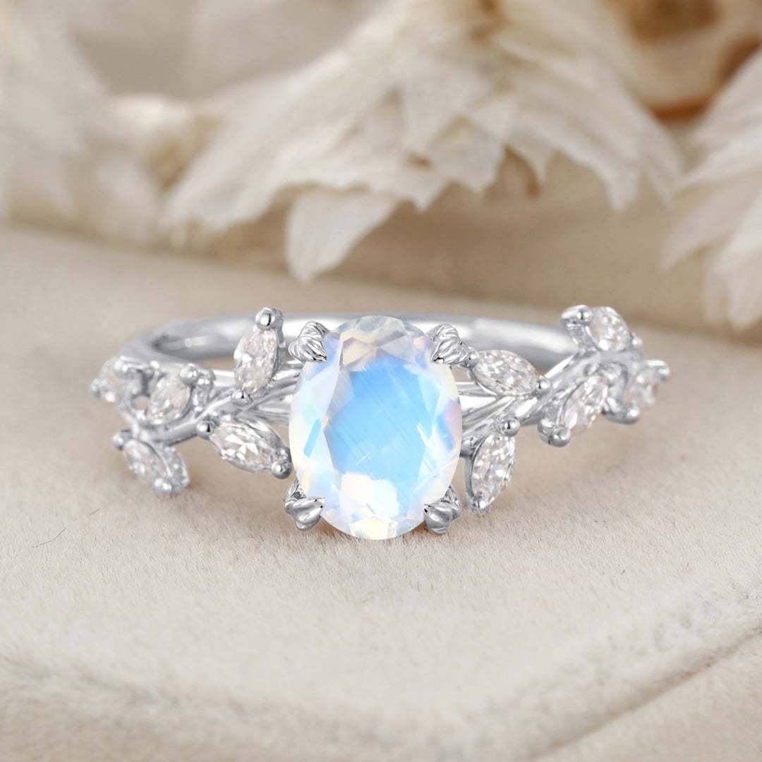 Oval Moonstone Engagement Ring Branch Marquise Diamond Cluster Handcrafted 14K Rose Gold Ring