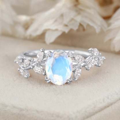 Oval Moonstone Engagement Ring Branch Marquise Diamond Cluster Handcrafted 14K Rose Gold Ring