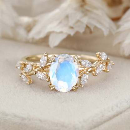 Oval Moonstone Engagement Ring Branch Marquise Diamond Cluster Handcrafted 14K Rose Gold Ring