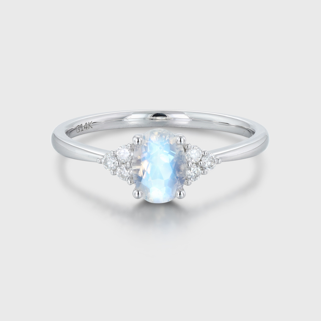 Oval Moonstone Engagement Ring Women Vintage 14K White Gold Woissanite Engagement Ring Art Deco Cluster Ring Bridal Promise Anniversary Ring