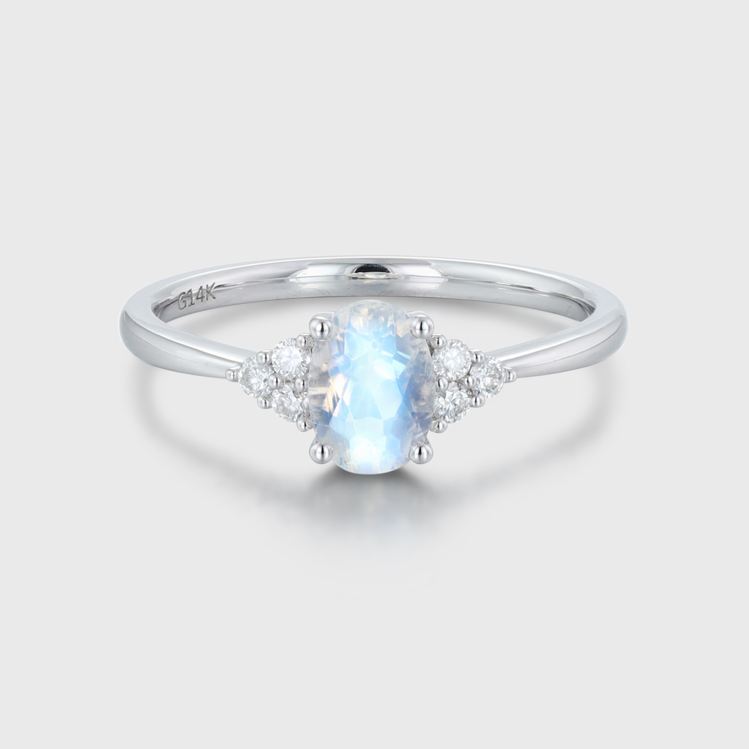 Oval Moonstone Engagement Ring Women Vintage 14K White Gold Woissanite Engagement Ring Art Deco Cluster Ring Bridal Promise Anniversary Ring