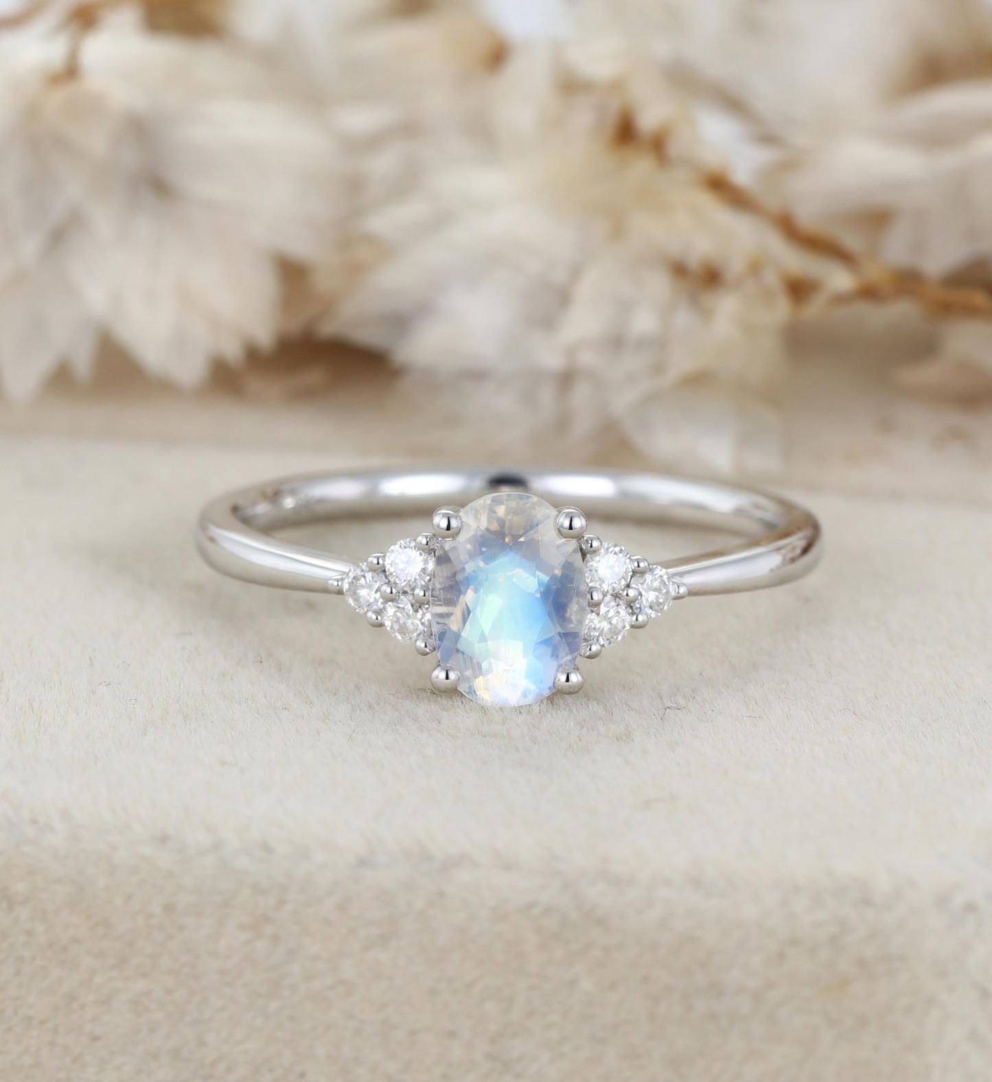 Oval Moonstone Engagement Ring Women Vintage 14K White Gold Woissanite Engagement Ring Art Deco Cluster Ring Bridal Promise Anniversary Ring