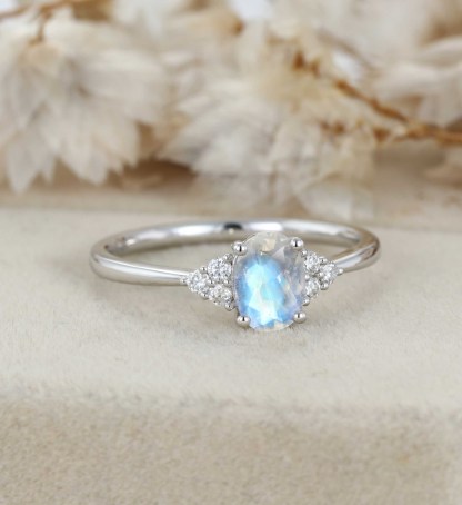 Oval Moonstone Engagement Ring Women Vintage 14K White Gold Woissanite Engagement Ring Art Deco Cluster Ring Bridal Promise Anniversary Ring