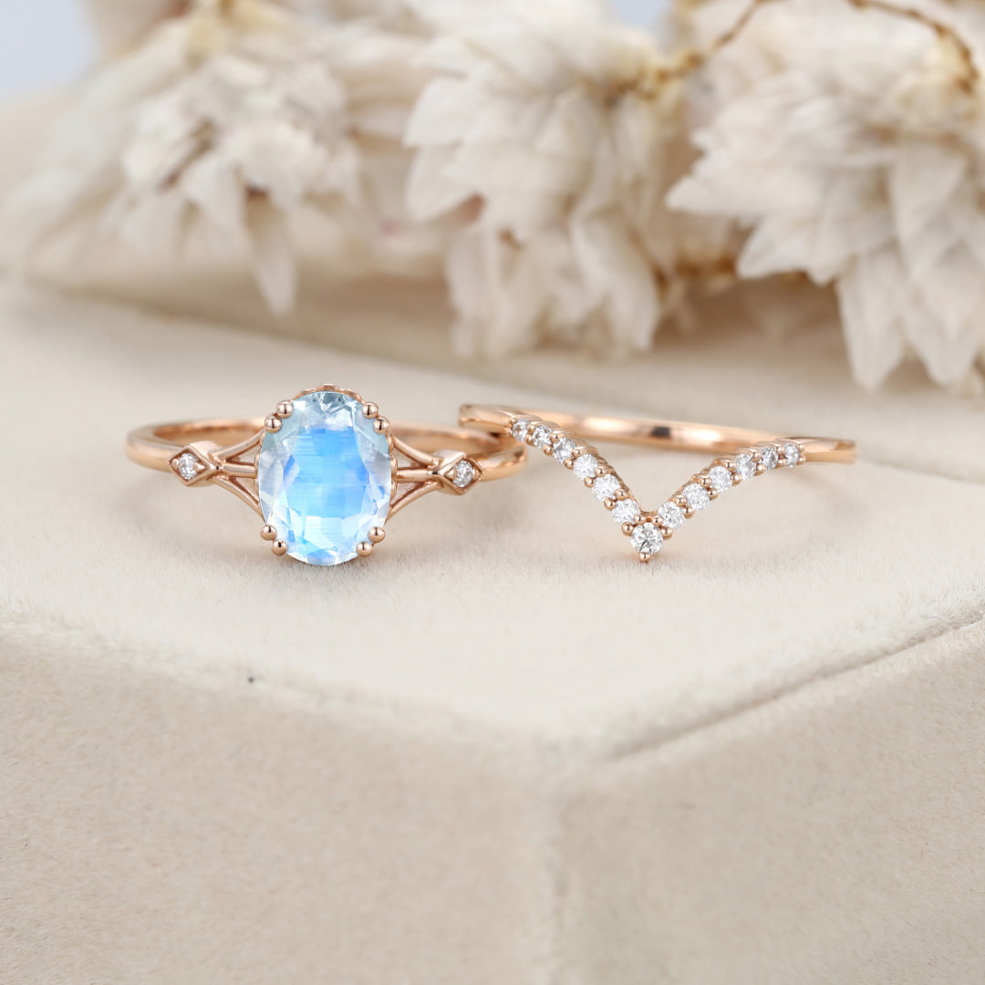 Oval Moonstone engagement ring set Vintage unique Rose gold engagement ring women Diamond wedding Bridal Anniversary gift art deco