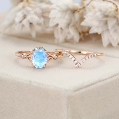 Oval Moonstone engagement ring set Vintage unique Rose gold engagement ring women Diamond wedding Bridal Anniversary gift art deco