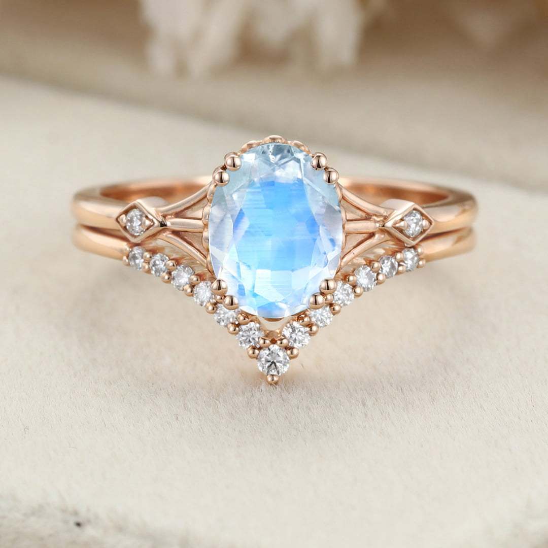 Oval Moonstone engagement ring set Vintage unique Rose gold engagement ring women Diamond wedding Bridal Anniversary gift art deco