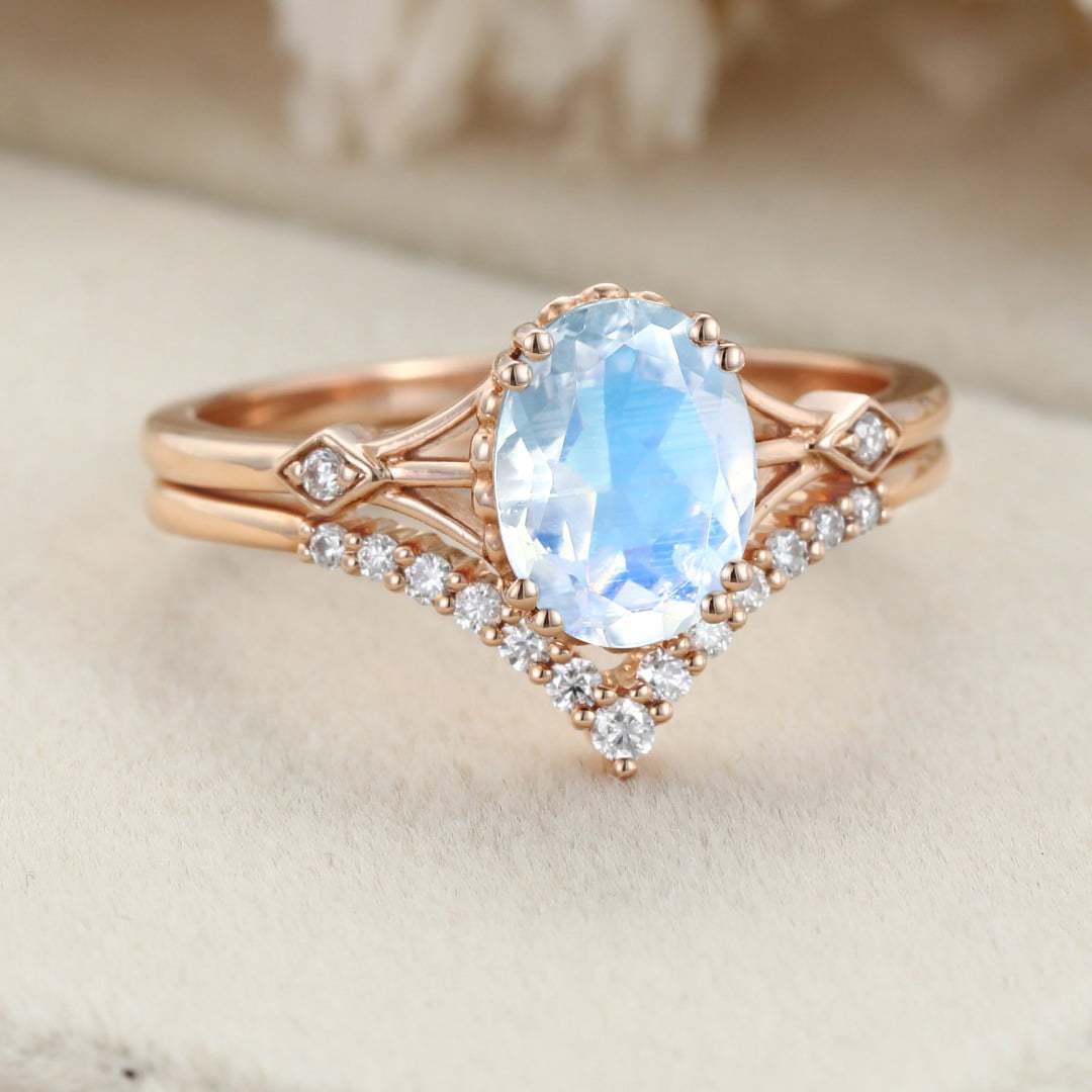 Oval Moonstone engagement ring set Vintage unique Rose gold engagement ring women Diamond wedding Bridal Anniversary gift art deco