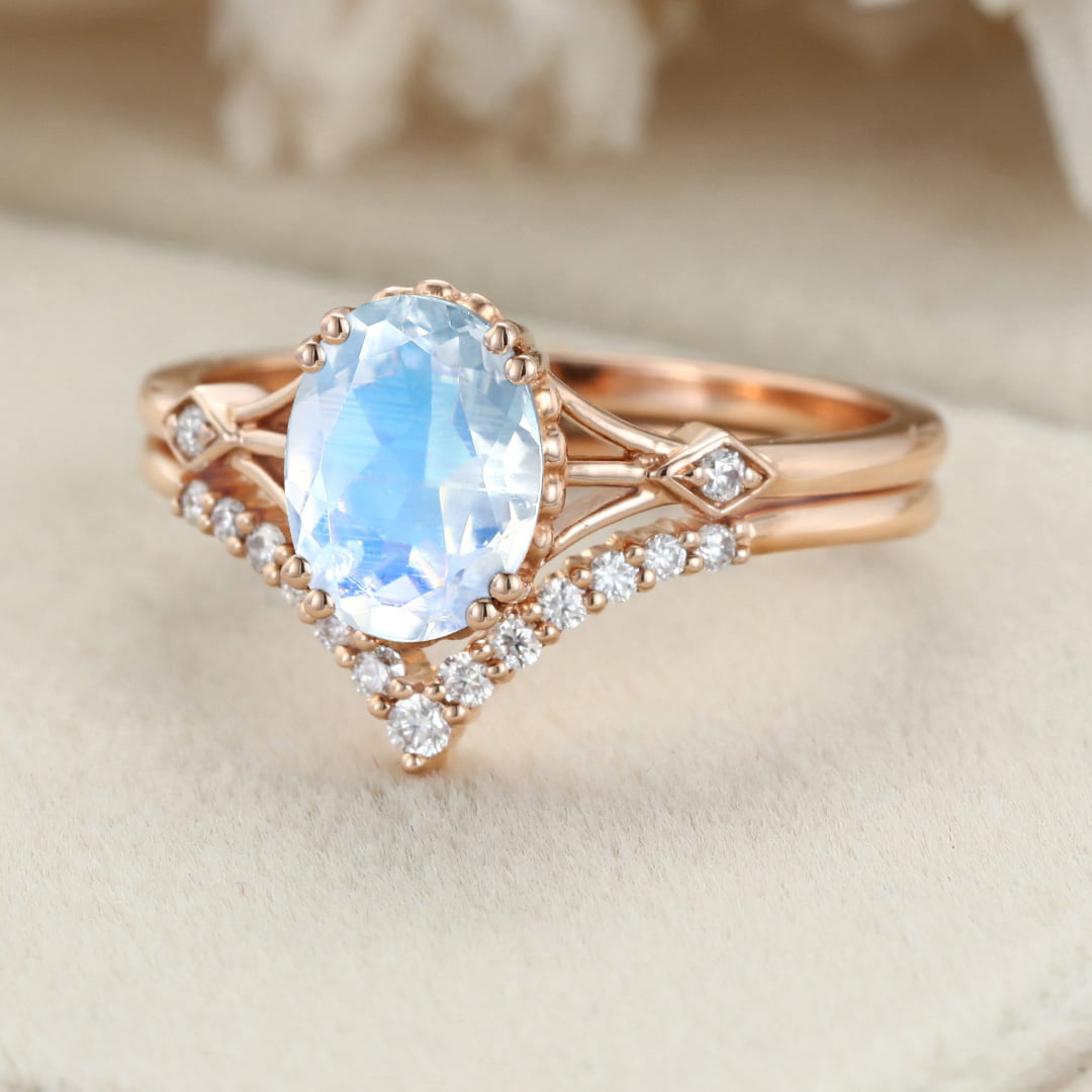 Oval Moonstone engagement ring set Vintage unique Rose gold engagement ring women Diamond wedding Bridal Anniversary gift art deco