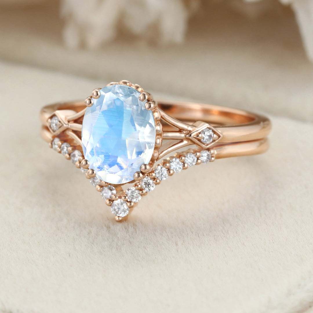 Oval Moonstone engagement ring set Vintage unique Rose gold engagement ring women Diamond wedding Bridal Anniversary gift art deco