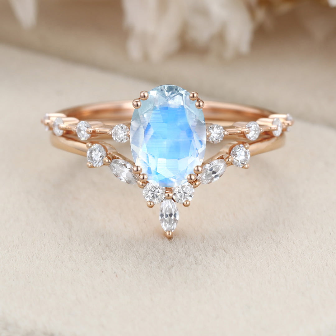 Oval Moonstone engagement ring set vintage Rose gold moissanite engagement ring Unique diamond ring wedding Bridal set Promise Anniversary