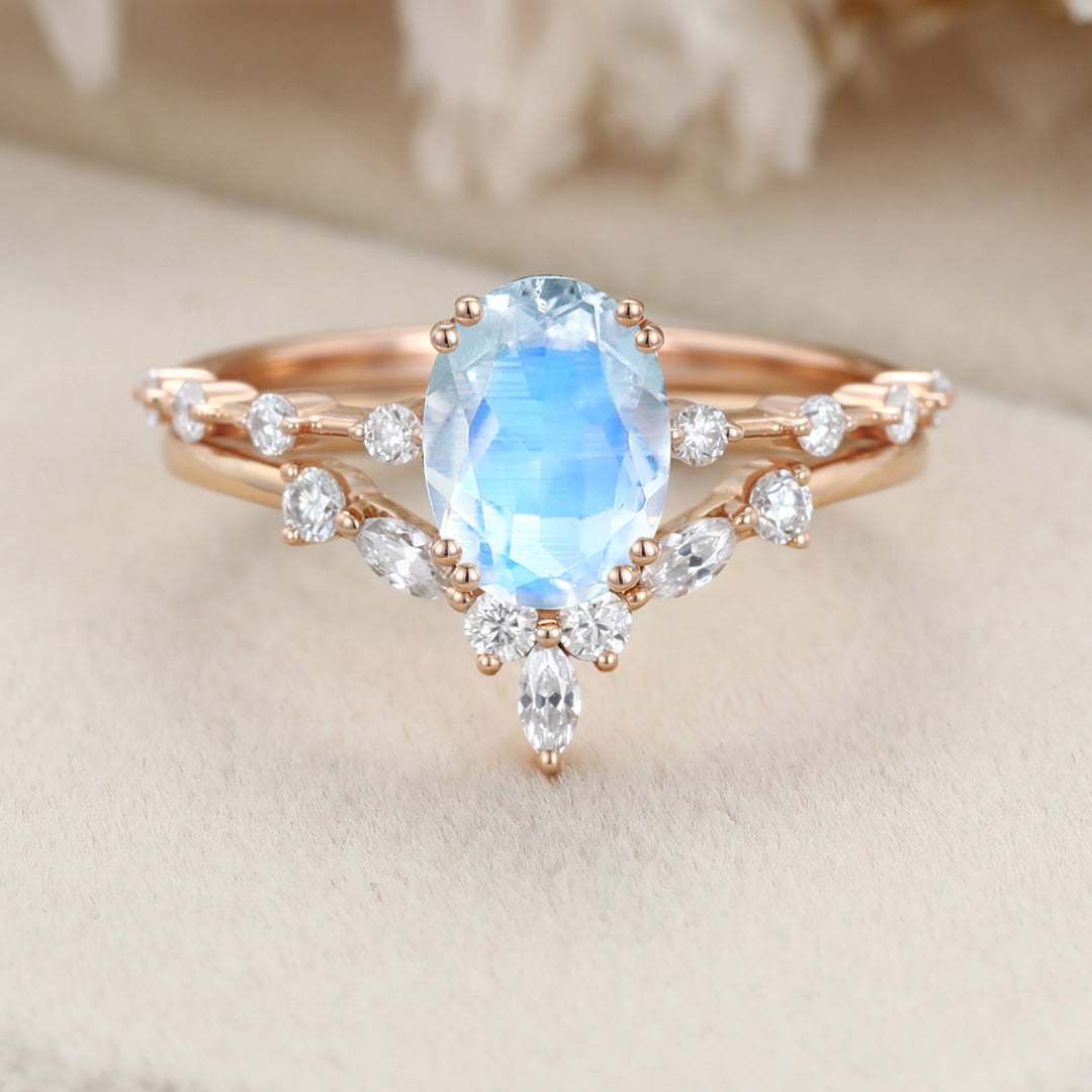 Oval Moonstone engagement ring set vintage Rose gold moissanite engagement ring Unique diamond ring wedding Bridal set Promise Anniversary