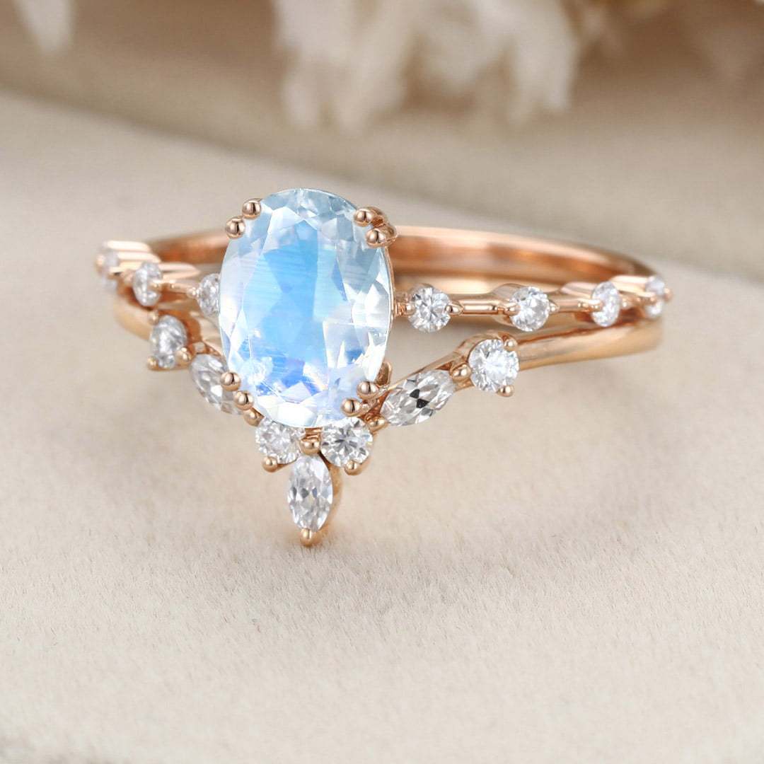 Oval Moonstone engagement ring set vintage Rose gold moissanite engagement ring Unique diamond ring wedding Bridal set Promise Anniversary
