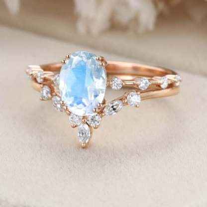 Oval Moonstone engagement ring set vintage Rose gold moissanite engagement ring Unique diamond ring wedding Bridal set Promise Anniversary