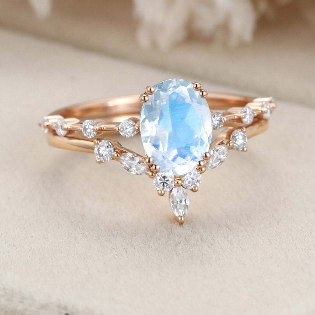 Oval Moonstone engagement ring set vintage Rose gold moissanite engagement ring Unique diamond ring wedding Bridal set Promise Anniversary