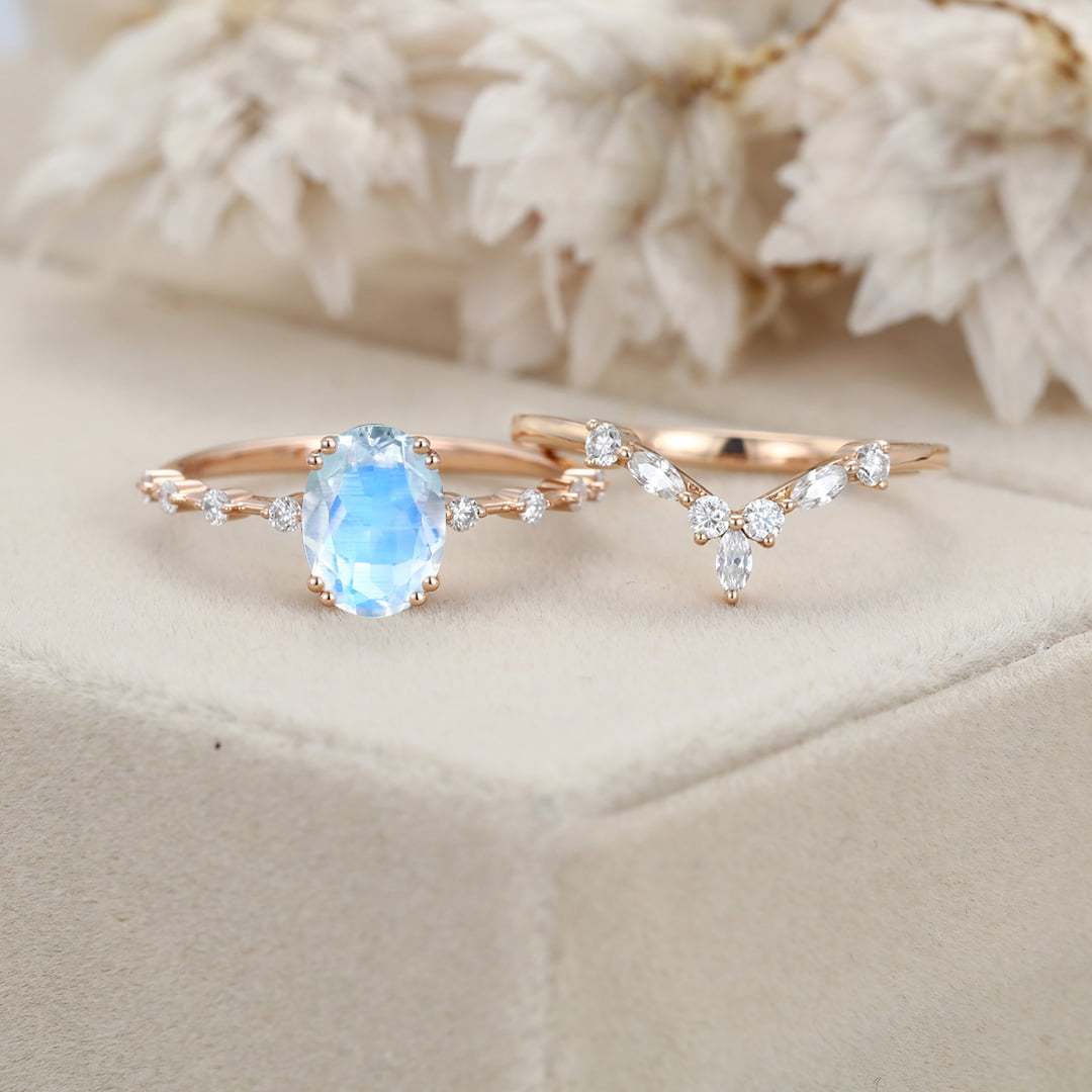 Oval Moonstone engagement ring set vintage Rose gold moissanite engagement ring Unique diamond ring wedding Bridal set Promise Anniversary