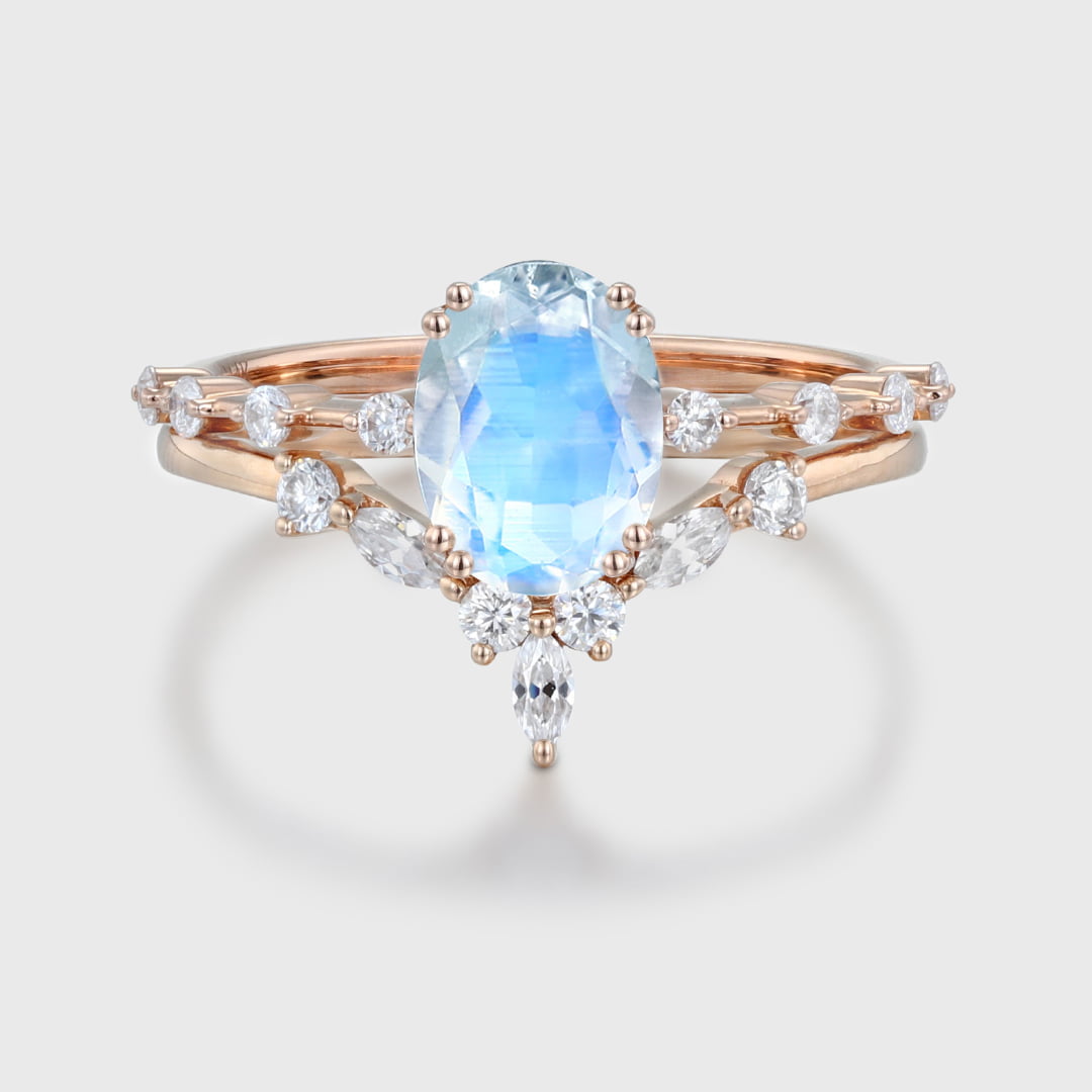 Oval Moonstone engagement ring set vintage Rose gold moissanite engagement ring Unique diamond ring wedding Bridal set Promise Anniversary