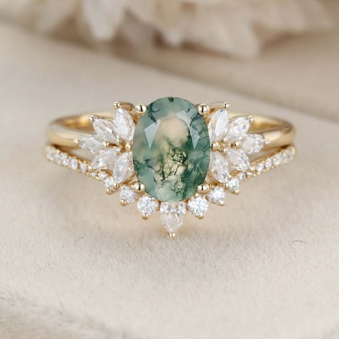 Oval Moss Agate engagement ring set Yellow gold engagement ring women unique marquise curved engagement ring art deco ring Bridal set