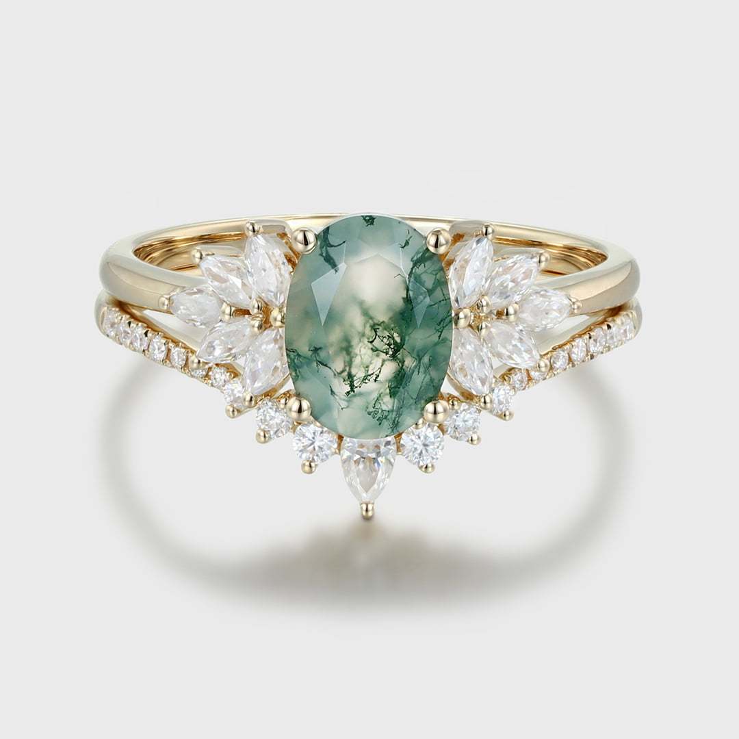 Oval Moss Agate engagement ring set Yellow gold engagement ring women unique marquise curved engagement ring art deco ring Bridal set
