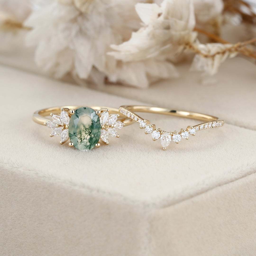 Oval Moss Agate engagement ring set Yellow gold engagement ring women unique marquise curved engagement ring art deco ring Bridal set